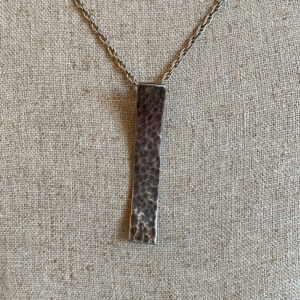 Sterling Hammered Rectangle Pendant Necklace & Dr… - image 3